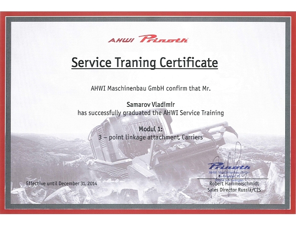 Prinoth Service Training Certificate
